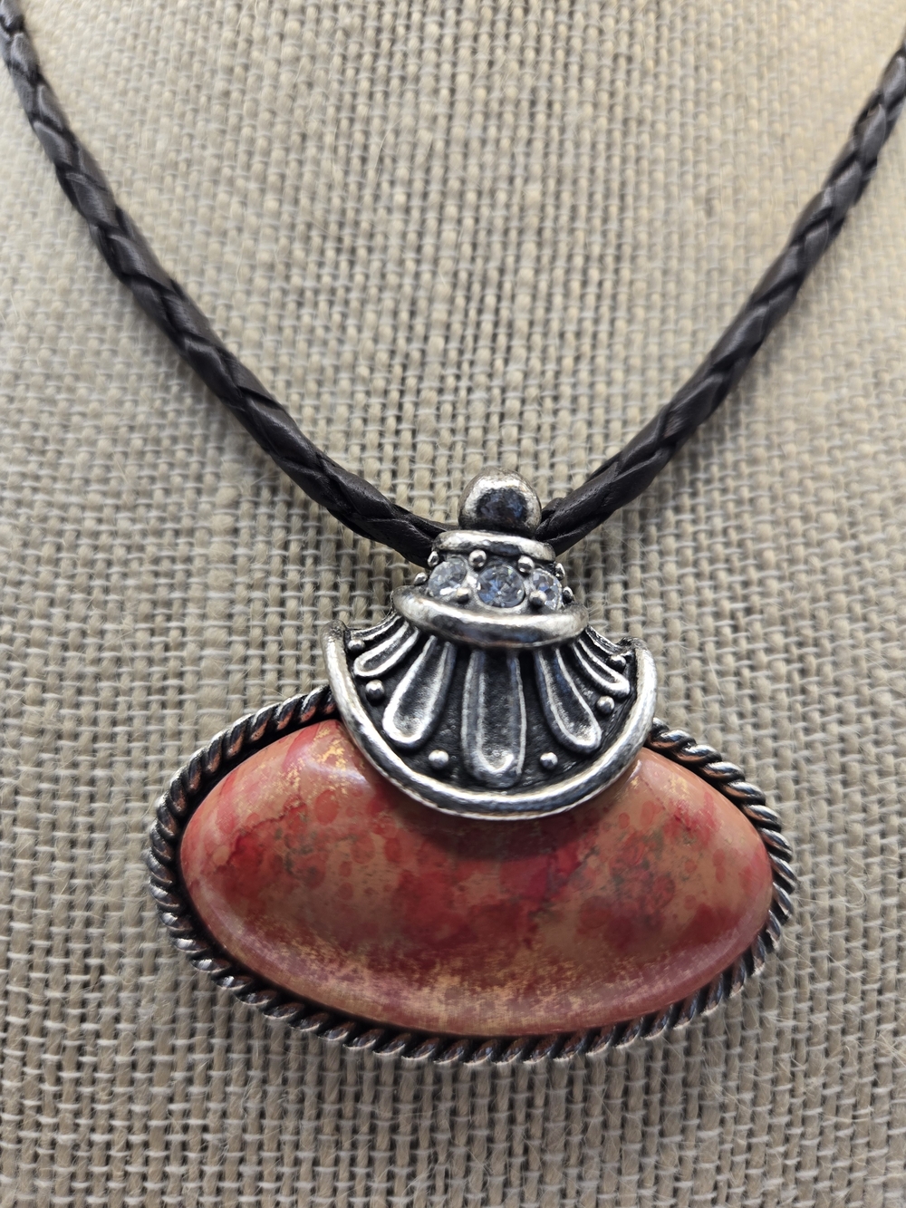 Vintage Chico's Coral-Red Stone Pendant Necklace Silver-Tone Rhinestone Accents